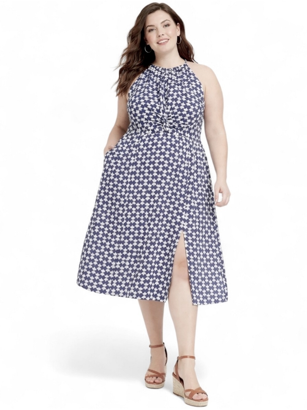 Ava & Viv Navy and White Geometric Print Halter Twist-Front Midi Dress